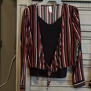 No Boundaries Striped Tie-Front Blouse in Black, Red, Cream